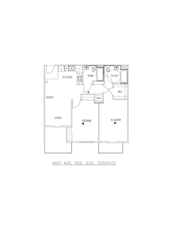 A floor plan of a unit with a kitchen, living room, and bathroom.
