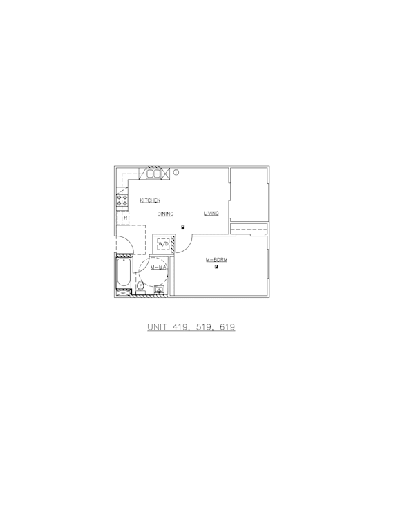 A floor plan of a kitchen and dining area with a unit number listed.