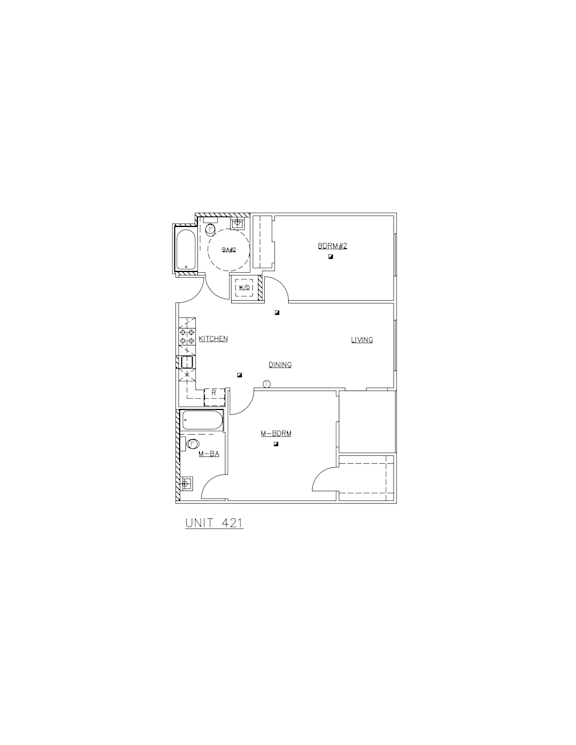 A floor plan of a unit labeled 421 shows a living room, dining room, kitchen, and a hallway leading to the bedrooms.
