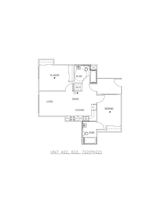 A floor plan of a unit with a kitchen, living room and two bedrooms.
