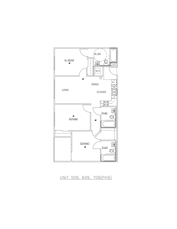 A floor plan of a unit with a kitchen, dining area and two bathrooms.