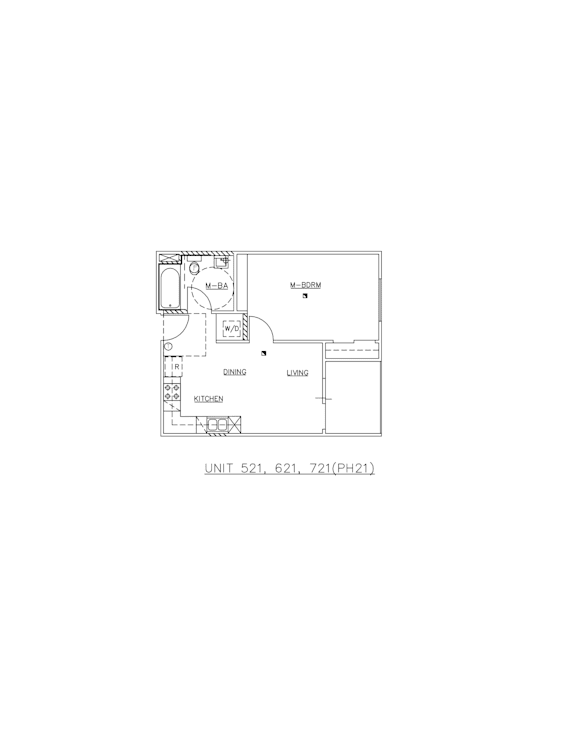 A floor plan of a unit with a kitchen, living room, and bathroom.