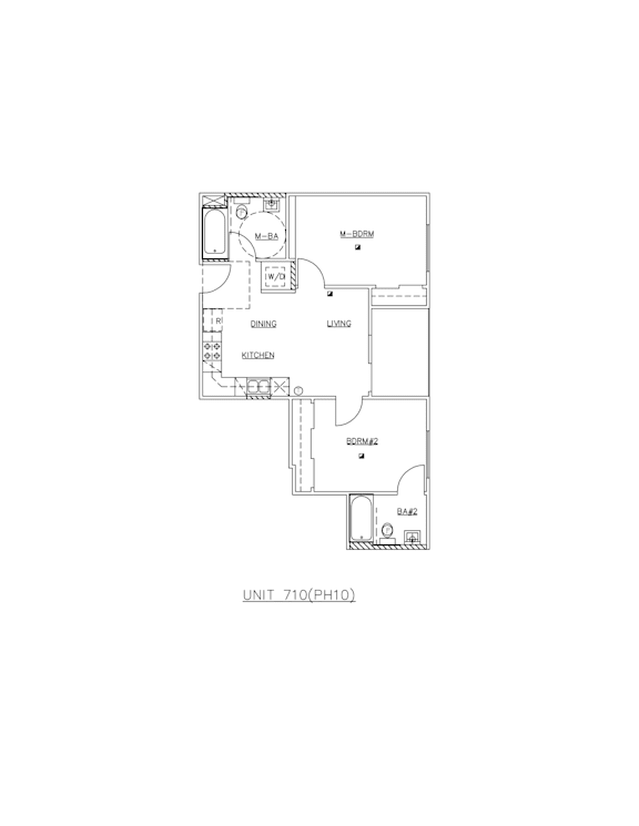 A floor plan of a unit with a kitchen, dining area and a bathroom.