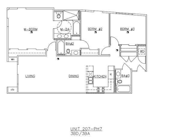 A floor plan of a living space with a kitchen, dining area, and three bedrooms.