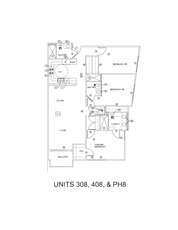 A floor plan of a house with labeled rooms and appliances.