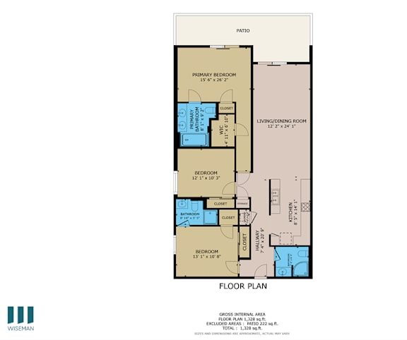 A floor plan for a home with a living/dining room, two bedrooms, two bathrooms, and a patio.