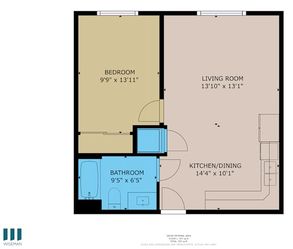 A floor plan of an apartment with a bedroom, living room, kitchen/dining area, and bathroom.