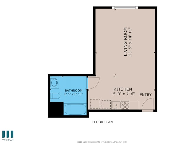 A floor plan shows a living room, kitchen, and bathroom layout.