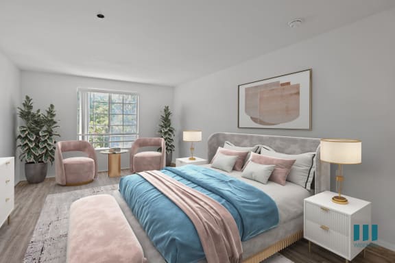 a bedroom with white walls and a large window
