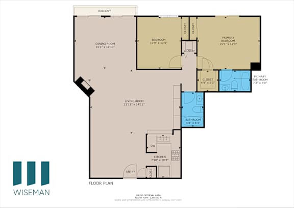 A floor plan for a home with a living room, two bedrooms, a bathroom, and a kitchen.