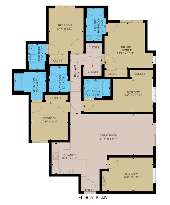 A floor plan of an apartment with various rooms and their dimensions.