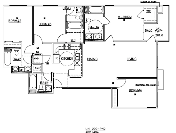 A floor plan of a living space with labeled rooms and appliances.