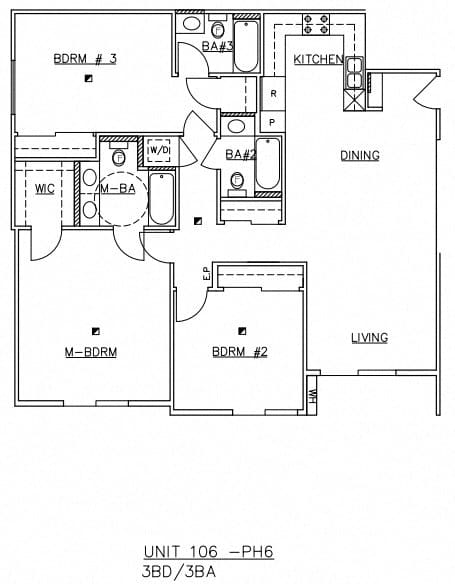 A floor plan of a living space showing a kitchen, dining area, and living room.