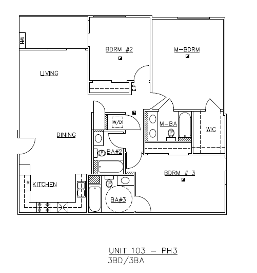 A floor plan of a 3 bedroom apartment.