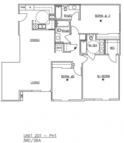 A floor plan of a living area with a dining area and a kitchen.