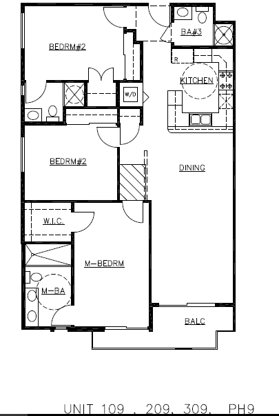 A floor plan of a residential unit with labeled rooms such as kitchen, dining, and bedrooms.