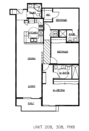 A floor plan of a building with labeled rooms such as a kitchen and a dining area.