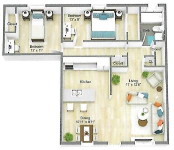 Floor Plan  Park Apartments 711 square foot 2-bedroom apartment floor plan