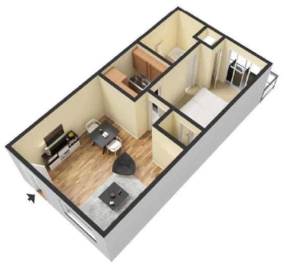 the one-bedroom, one-bathroom 501 square foot floor plan at Waterview Crossing Apartments in Orlando, FL
