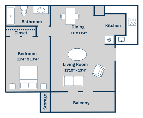 Kirkwood Landing's A 1-bed, 1-bath, 546 square foot floor plan