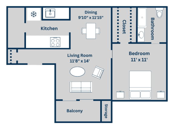 Kirkwood Landing's B 1-bed, 1-bath, 618 square foot floor plan