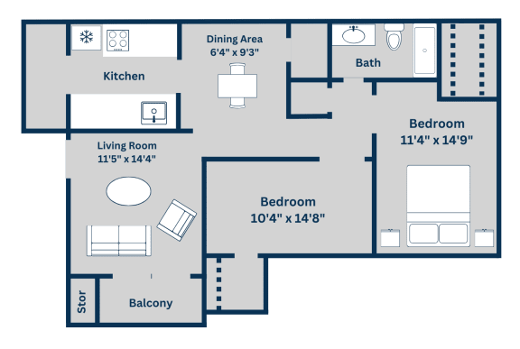 Kirkwood Landing's D 2-bed, 1-bath, 840 square foot floor plan