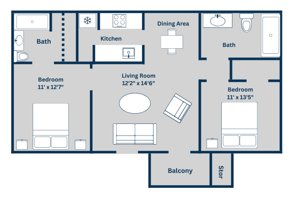 Kirkwood Landing's E 2-bed, 2-bath, 926 square foot floor plan