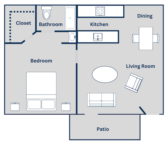 Floor Plan  The 528 square foot 1x1 floor plan at Pine Creek Apartments in Houston, TX