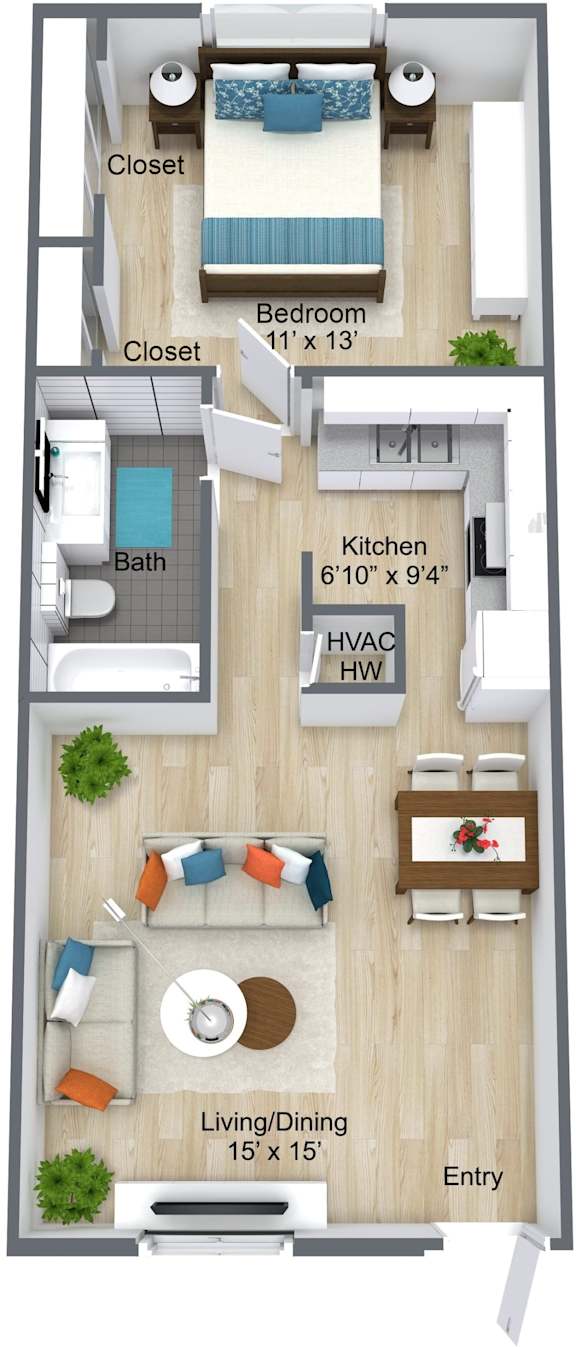 1-bedroom, 1-bathroom floor plan at Ridge Apartments in South Daytona, FL