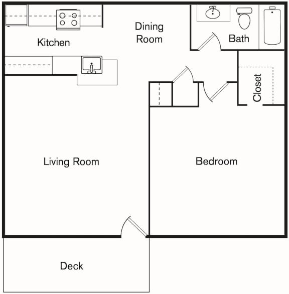 the 1-bed, 1-bathroom 650 square A3 floor plan at The Forest Apartments in Houston