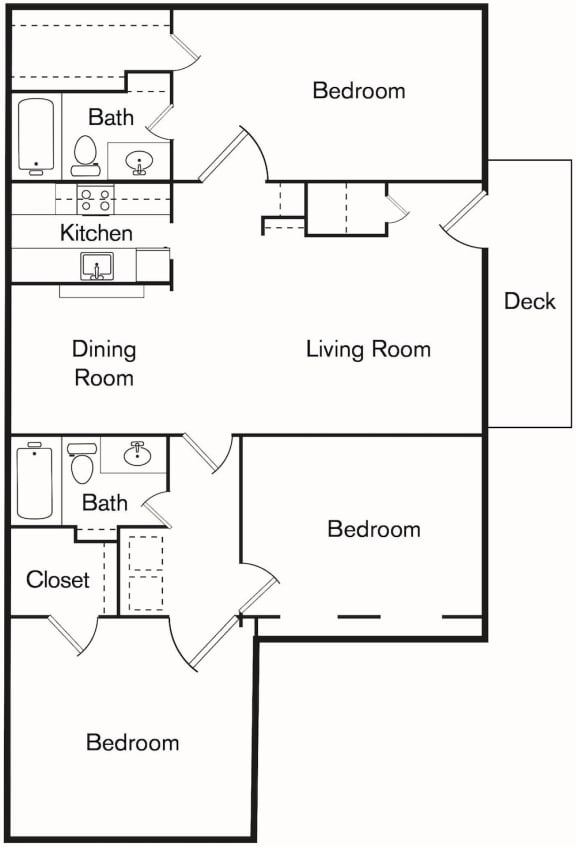 the 3-bed, 2-bathroom 1,180 square A3 floor plan at The Forest Apartments in Houston
