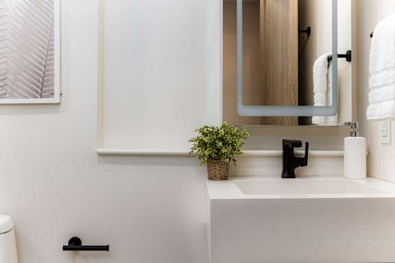 A white sink with a black faucet and a plant in a basket.
