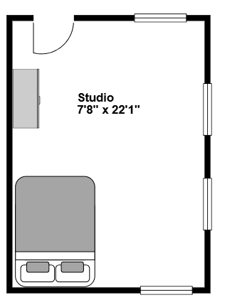 A floor plan of a studio apartment is shown with dimensions.