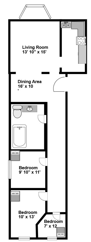 A floor plan of a house with a living room, dining area, and three bedrooms.