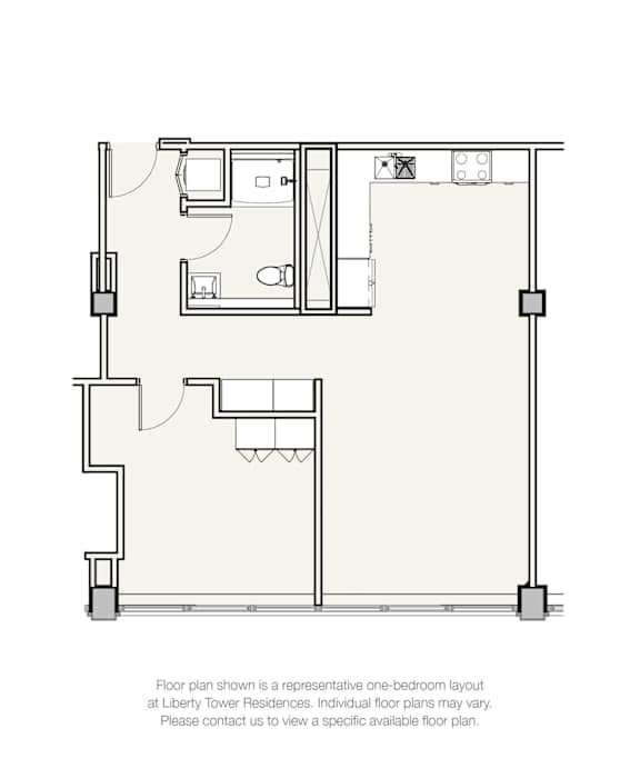 A floor plan for a one-bedroom layout at Liberty Tower Residences.