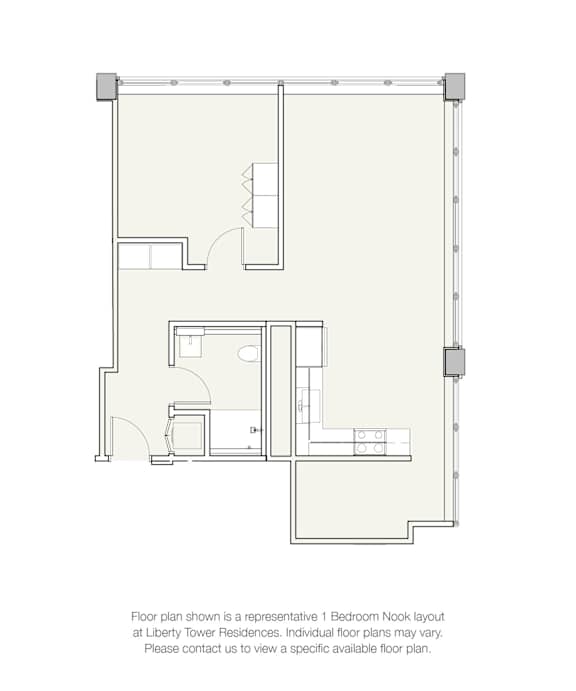 A floor plan for a 1 Bedroom Nook at Liberty Tower Residences is shown.