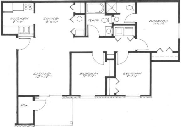 A black and white floor plan of a house with labeled rooms.