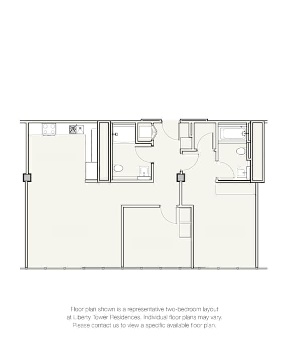 A floor plan for a two-bedroom apartment at Liberty Tower Residences is displayed.