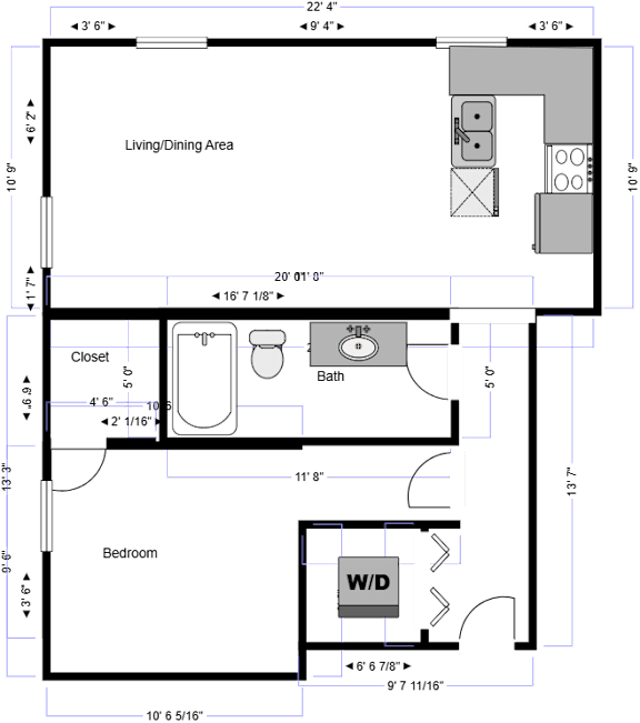 A floor plan of a room with a living/dining area, closet, bath, and bedroom.