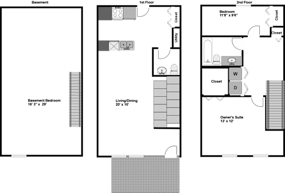 A floor plan of a house with a basement, living room, dining room, kitchen, and bathrooms.