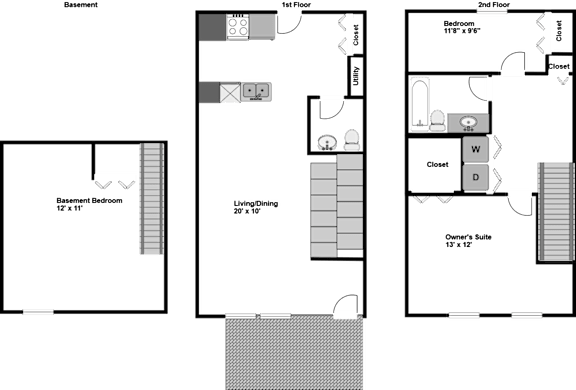 A floor plan of a house with a basement, living room, dining room, kitchen, and bathrooms.