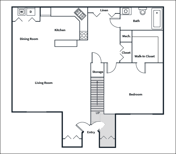 A floor plan of a house with a kitchen, dining room, living room, and bedroom.