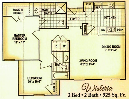A floor plan for a 2 bedroom, 2 bath house with a total area of 925 square feet.