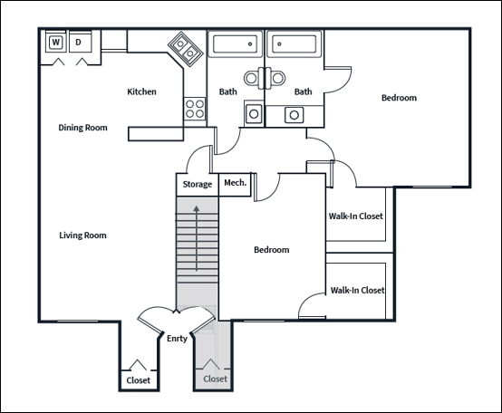 A floor plan of a house with a kitchen, dining room, living room, two bathrooms, two bedrooms, an entry, two closets, and storage and mechanicals.