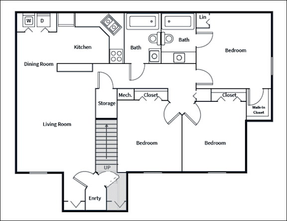 A floor plan of a house with a kitchen, dining room, living room, two bathrooms, two closets, a mech storage, and two bedrooms.