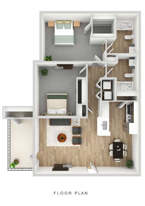 A floor plan of a house with a living room, kitchen, and two bedrooms.