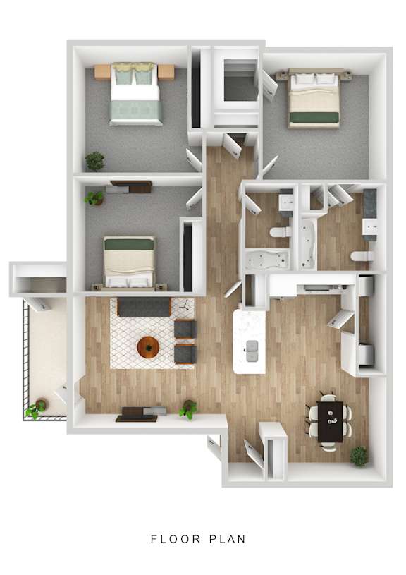 A floor plan of a house with a living room, kitchen, and two bedrooms.