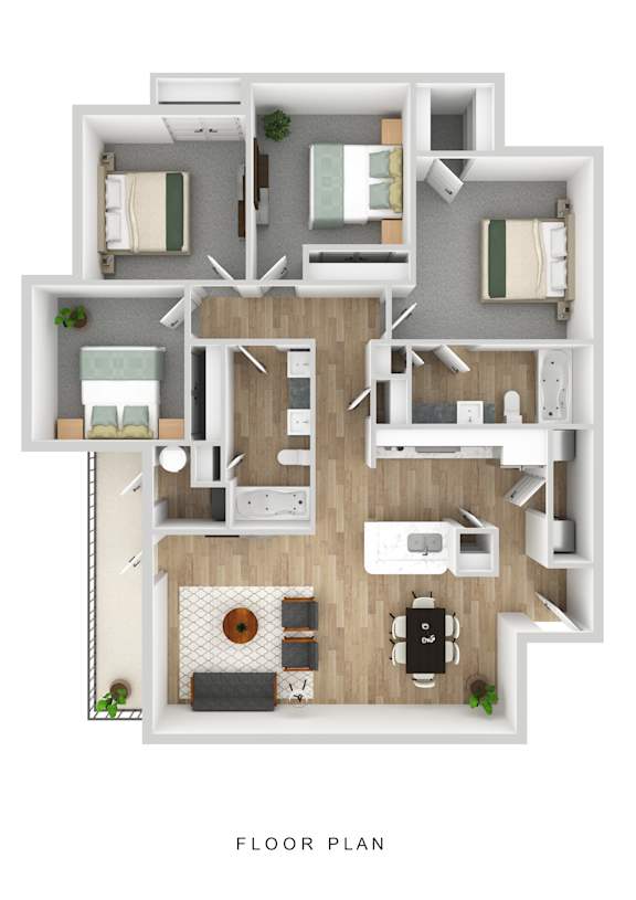 A floor plan of a house with a living room, two bedrooms, a kitchen, and a bathroom.
