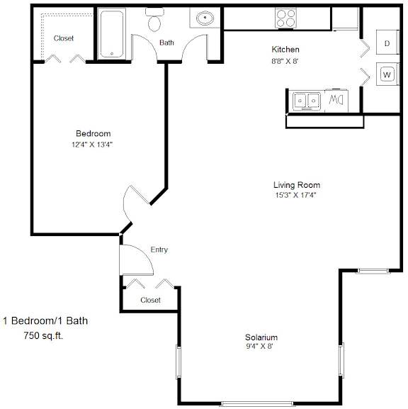 A floor plan of a small apartment with a bedroom, living room, kitchen, and bathroom.