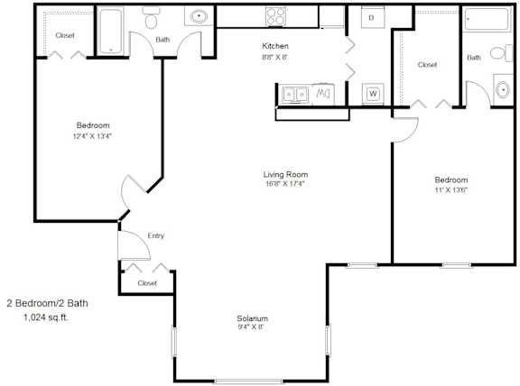 A black and white image of a floor plan for a house with two bedrooms, a living room, a kitchen, and a bathroom.